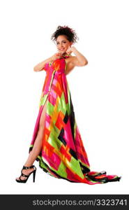 Beautiful tall Caucasian Hispanic Latina fashion model woman wearing colorful dress, standing, isolated.