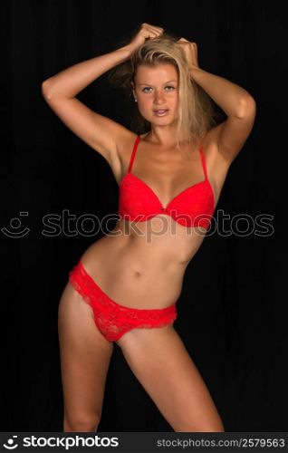 Beautiful tall German blonde in red lingerie