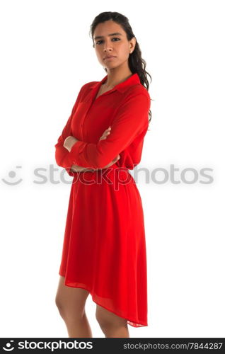 Beautiful tall Indian woman in a bright red dress