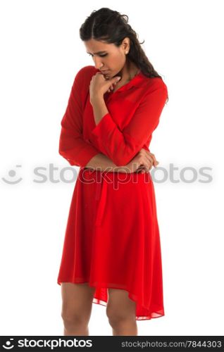 Beautiful tall Indian woman in a bright red dress