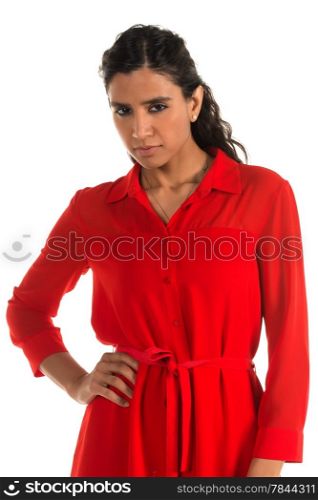 Beautiful tall Indian woman in a bright red dress