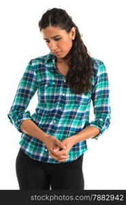 Beautiful tall Indian woman in a plaid blouse