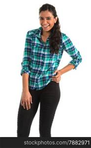 Beautiful tall Indian woman in a plaid blouse