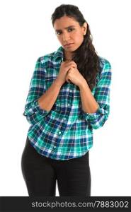 Beautiful tall Indian woman in a plaid blouse
