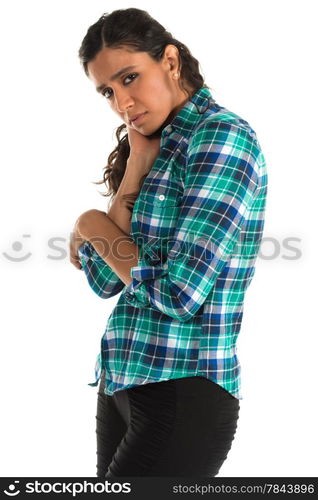 Beautiful tall Indian woman in a plaid shirt