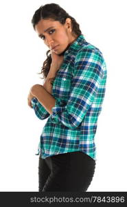 Beautiful tall Indian woman in a plaid shirt