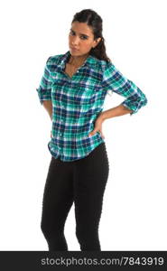 Beautiful tall Indian woman in a plaid shirt