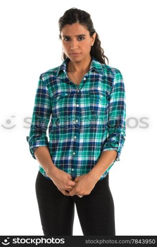 Beautiful tall Indian woman in a plaid shirt