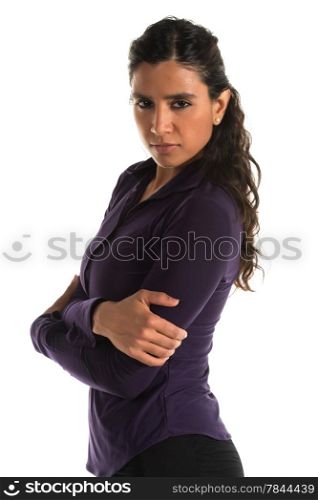 Beautiful tall Indian woman in a purple blouse and black pants