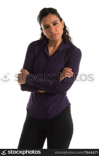 Beautiful tall Indian woman in a purple blouse and black pants