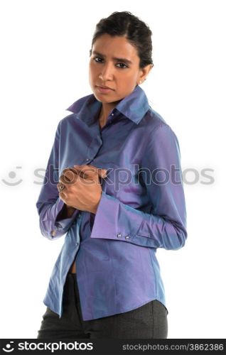 Beautiful tall Indian woman in a shiny blue blouse