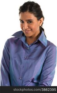 Beautiful tall Indian woman in a shiny blue blouse