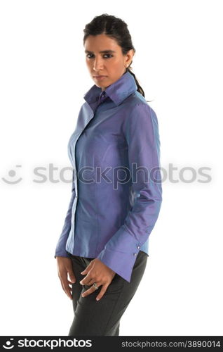 Beautiful tall Indian woman in a shiny blue blouse