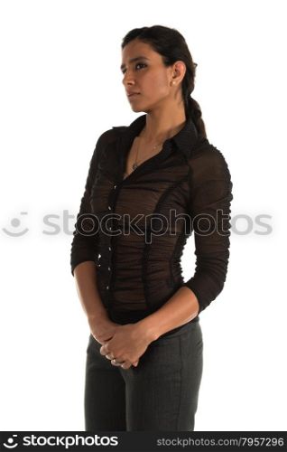 Beautiful tall Indian woman in a tight brown blouse