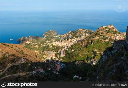 Beautiful Taormina sea coast panoramic view from up (Castelmola), Sicily, Italy.