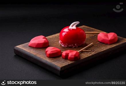 Beautiful tasty cake red color cheesecake in the shape of a heart. Sweets for Valentine&rsquo;s Day