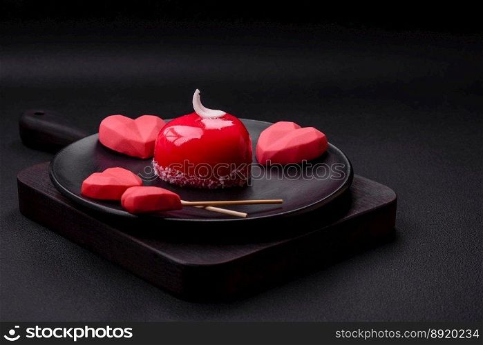 Beautiful tasty cake red color cheesecake in the shape of a heart. Sweets for Va≤nti≠’s Day