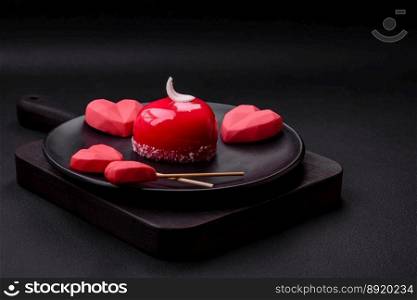 Beautiful tasty cake red color cheesecake in the shape of a heart. Sweets for Va≤nti≠’s Day