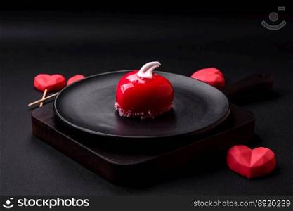 Beautiful tasty cake red color cheesecake in the shape of a heart. Sweets for Valentine’s Day