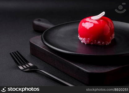 Beautiful tasty cake red color cheesecake in the shape of a heart. Sweets for Valentine’s Day