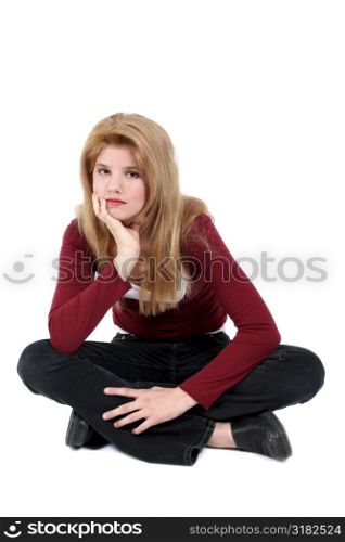 Beautiful Teen Girl Sitting Legs Crossed On White.