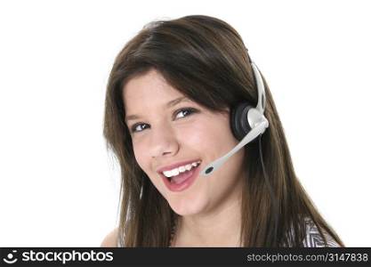 Beautiful teen girl with headset and big smile over white. Great for teen hotline or just gossiping with friends.
