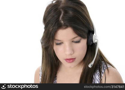 Beautiful teen girl with headset and big smile over white. Great for teen hotline or just gossiping with friends.