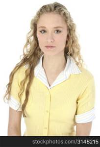Beautiful teen girl with long curly blonde hair. Shot in studio over white.