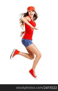 Beautiful teenage girl jumping of happiness isolated on white 