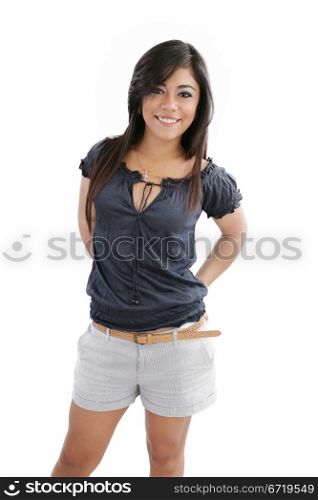 beautiful teenage girl smiling and looking into the camera, isolated on white background