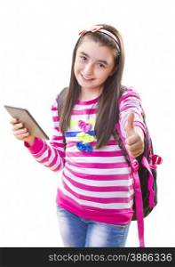 beautiful teenager girl in casual clothes with backpack holding digital tablet in her hand