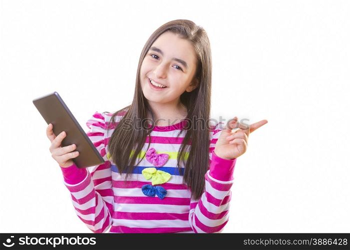 beautiful teenager girl in casual clothes with backpack holding digital tablet in her hand