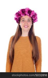 Beautiful teenager girl with purple flowers in her head isolated on a white background