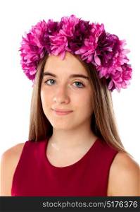 Beautiful teenager girl with purple flowers in her head isolated on a white background