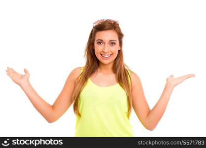 Beautiful teenager making a scale with her arms wide open, isolated in a white background
