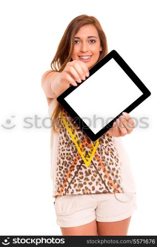 Beautiful teenager presenting your product in a tablet computer