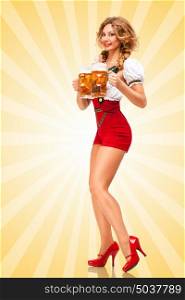 Beautiful tempting sexy woman wearing red jumper shorts with suspenders as traditional dirndl, serving two beer mugs with smile on colorful abstract cartoon style background.