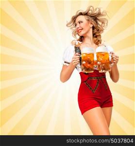 Beautiful tempting sexy woman wearing red jumper shorts with suspenders as traditional dirndl, serving two beer mugs and looking aside on colorful abstract cartoon style background.