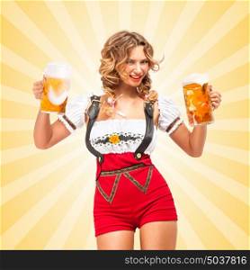Beautiful tempting sexy woman wearing red jumper shorts with suspenders in a form of a traditional dirndl, serving two beer mugs on colorful abstract cartoon style background.