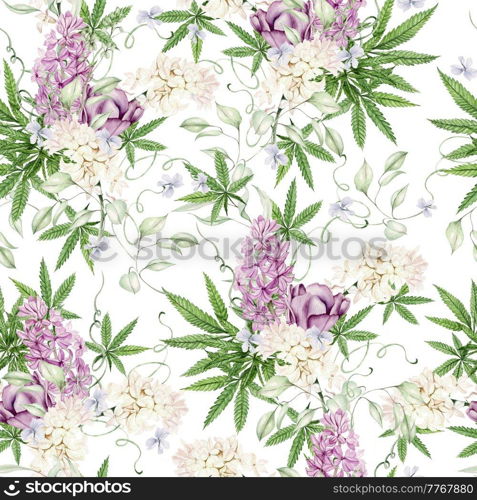 Beautiful tender watercolor pattern with different flowers and cannnabis. Illustration. . Beautiful tender watercolor pattern with different flowers and cannnabis. 