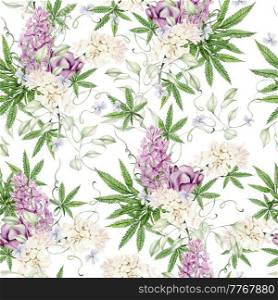 Beautiful tender watercolor pattern with different flowers and cannnabis. Illustration. . Beautiful tender watercolor pattern with different flowers and cannnabis. 