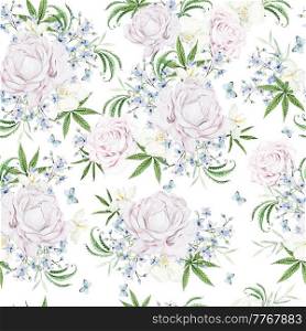 Beautiful tender watercolor pattern with different flowers and cannnabis. Illustration.
. Beautiful tender watercolor pattern with different flowers and cannnabis. 