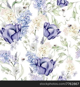 Beautiful tender  watercolor seamless pattern  with different flowers of hyacinth, tulips, violet. Illustration.  . Beautiful tender  watercolor seamless pattern  with different flowers of hyacinth, tulips, violet.