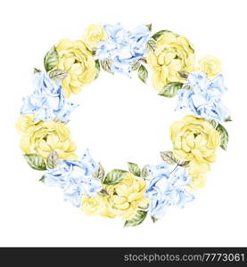 Beautiful tender watercolor wreath with different flowers. In blue and yellow colors. Illustration.
. Beautiful tender watercolor wreath with different flowers. In blue and yellow colors. 