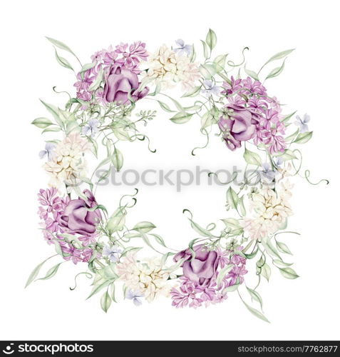 Beautiful tender watercolor wreath with different flowers of hyacinth, tulips, violet. Illustration.. Beautiful tender watercolor wreath with different flowers of hyacinth, tulips, violet.