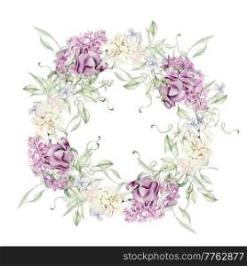 Beautiful tender watercolor wreath with different flowers of hyacinth, tulips, violet. Illustration.. Beautiful tender watercolor wreath with different flowers of hyacinth, tulips, violet.