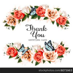 Beautiful Thank You greeting card with roses and butterflies. Vector.
