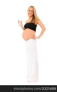 Beautiful thin american pregnant woman drinking water over white background.