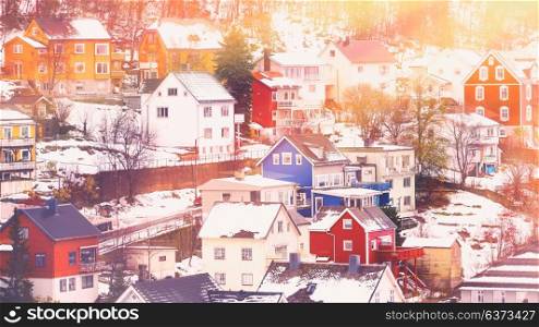 Beautiful town in winter, aerial view on many colorful houses, Narvik, Norway