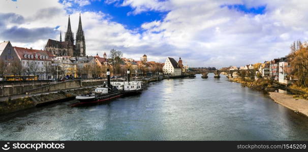 Beautiful towns of Germany - scenic medieval Regensburg over Danube river. Landmarks of Bavaria. Germany travel - Bavaria, Regensburg town
